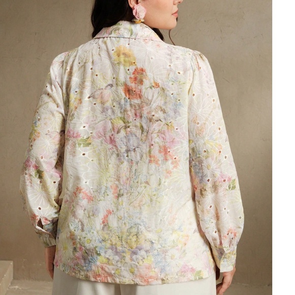 Plus Floral Print Eyelet Button Down Shirt - Picture 2 of 6